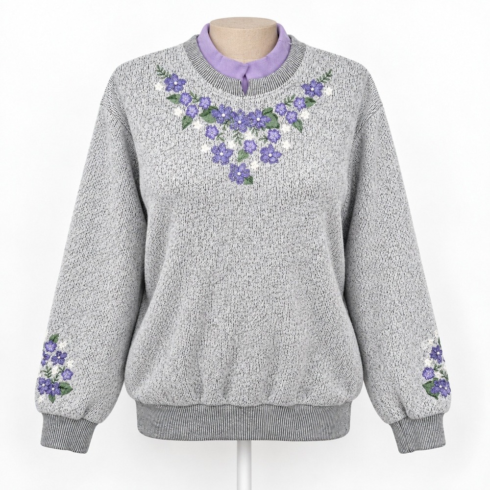 Vintage 90s Floral Embroidered Mock Neck Sweatshirt Size L Gray Cottage Granny